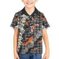 Black Palaka Hawaiian And Japanese Kid Hawaiian Shirt Sakura Lei With Koi Fish - Polynesian Pride