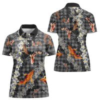Black Palaka Hawaiian And Japanese Women Polo Shirt Sakura Lei With Koi Fish - Polynesian Pride