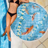 Blue Palaka Hawaiian And Japanese Beach Blanket Sakura Lei With Koi Fish - Polynesian Pride