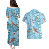 Blue Palaka Hawaiian And Japanese Couples Matching Puletasi and Hawaiian Shirt Sakura Lei With Koi Fish - Polynesian Pride