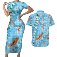 Blue Palaka Hawaiian And Japanese Couples Matching Short Sleeve Bodycon Dress and Hawaiian Shirt Sakura Lei With Koi Fish DT05 Blue - Polynesian Pride