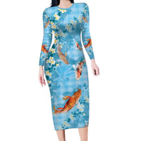 Blue Palaka Hawaiian And Japanese Family Matching Long Sleeve Bodycon Dress and Hawaiian Shirt Sakura Lei With Koi Fish DT05 Mom's Dress Blue - Polynesian Pride