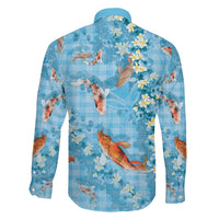 Blue Palaka Hawaiian And Japanese Family Matching Off The Shoulder Long Sleeve Dress and Hawaiian Shirt Sakura Lei With Koi Fish DT05 - Polynesian Pride