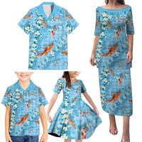 Blue Palaka Hawaiian And Japanese Family Matching Puletasi and Hawaiian Shirt Sakura Lei With Koi Fish DT05 - Polynesian Pride