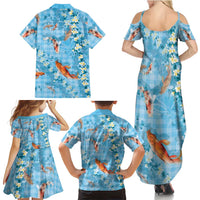 Blue Palaka Hawaiian And Japanese Family Matching Summer Maxi Dress and Hawaiian Shirt Sakura Lei With Koi Fish DT05 - Polynesian Pride