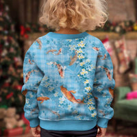 Blue Palaka Hawaiian And Japanese Kid Ugly Christmas Sweater Sakura Lei With Koi Fish - Polynesian Pride