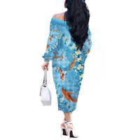 Blue Palaka Hawaiian And Japanese Off The Shoulder Long Sleeve Dress Sakura Lei With Koi Fish DT05 - Polynesian Pride