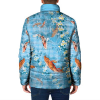 Blue Palaka Hawaiian And Japanese Padded Jacket Sakura Lei With Koi Fish - Polynesian Pride