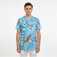 Blue Palaka Hawaiian And Japanese Scrub Top Sakura Lei With Koi Fish - Polynesian Pride