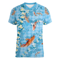 Blue Palaka Hawaiian And Japanese Women V-Neck T-Shirt Sakura Lei With Koi Fish - Polynesian Pride
