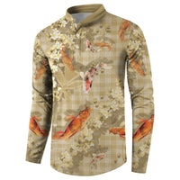 Beige Palaka Hawaiian And Japanese Button Sweatshirt Sakura Lei With Koi Fish - Polynesian Pride