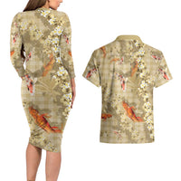 Beige Palaka Hawaiian And Japanese Couples Matching Long Sleeve Bodycon Dress and Hawaiian Shirt Sakura Lei With Koi Fish DT05 - Polynesian Pride