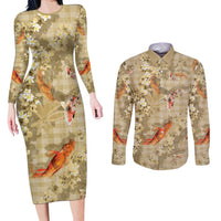 Beige Palaka Hawaiian And Japanese Couples Matching Long Sleeve Bodycon Dress and Long Sleeve Button Shirt Sakura Lei With Koi Fish DT05 Beige - Polynesian Pride