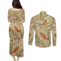 Beige Palaka Hawaiian And Japanese Couples Matching Puletasi and Long Sleeve Button Shirt Sakura Lei With Koi Fish - Polynesian Pride