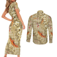 Beige Palaka Hawaiian And Japanese Couples Matching Short Sleeve Bodycon Dress and Long Sleeve Button Shirt Sakura Lei With Koi Fish DT05 - Polynesian Pride