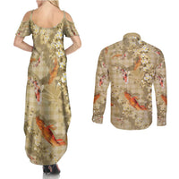 Beige Palaka Hawaiian And Japanese Couples Matching Summer Maxi Dress and Long Sleeve Button Shirt Sakura Lei With Koi Fish - Polynesian Pride
