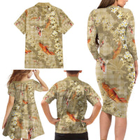 Beige Palaka Hawaiian And Japanese Family Matching Long Sleeve Bodycon Dress and Hawaiian Shirt Sakura Lei With Koi Fish DT05 - Polynesian Pride