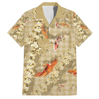 Beige Palaka Hawaiian And Japanese Family Matching Long Sleeve Bodycon Dress and Hawaiian Shirt Sakura Lei With Koi Fish - Polynesian Pride