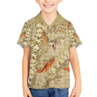 Beige Palaka Hawaiian And Japanese Family Matching Long Sleeve Bodycon Dress and Hawaiian Shirt Sakura Lei With Koi Fish DT05 Son's Shirt Beige - Polynesian Pride