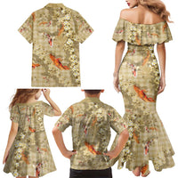Beige Palaka Hawaiian And Japanese Family Matching Mermaid Dress and Hawaiian Shirt Sakura Lei With Koi Fish DT05 - Polynesian Pride