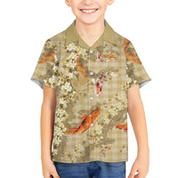 Beige Palaka Hawaiian And Japanese Family Matching Mermaid Dress and Hawaiian Shirt Sakura Lei With Koi Fish DT05 Son's Shirt Beige - Polynesian Pride