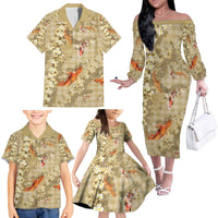 Beige Palaka Hawaiian And Japanese Family Matching Off The Shoulder Long Sleeve Dress and Hawaiian Shirt Sakura Lei With Koi Fish DT05 - Polynesian Pride