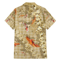 Beige Palaka Hawaiian And Japanese Family Matching Off The Shoulder Long Sleeve Dress and Hawaiian Shirt Sakura Lei With Koi Fish DT05 - Polynesian Pride