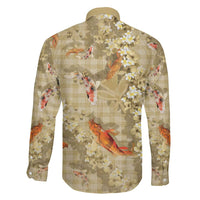 Beige Palaka Hawaiian And Japanese Family Matching Off The Shoulder Long Sleeve Dress and Hawaiian Shirt Sakura Lei With Koi Fish DT05 - Polynesian Pride
