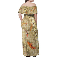Beige Palaka Hawaiian And Japanese Family Matching Off Shoulder Maxi Dress and Hawaiian Shirt Sakura Lei With Koi Fish - Polynesian Pride
