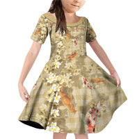 Beige Palaka Hawaiian And Japanese Family Matching Off Shoulder Short Dress and Hawaiian Shirt Sakura Lei With Koi Fish - Polynesian Pride