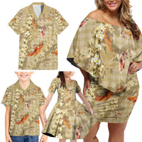 Beige Palaka Hawaiian And Japanese Family Matching Off Shoulder Short Dress and Hawaiian Shirt Sakura Lei With Koi Fish DT05 - Polynesian Pride
