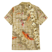 Beige Palaka Hawaiian And Japanese Family Matching Off Shoulder Short Dress and Hawaiian Shirt Sakura Lei With Koi Fish DT05 - Polynesian Pride