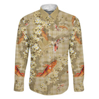Beige Palaka Hawaiian And Japanese Family Matching Off Shoulder Short Dress and Hawaiian Shirt Sakura Lei With Koi Fish DT05 Dad's Shirt - Long Sleeve Beige - Polynesian Pride