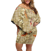 Beige Palaka Hawaiian And Japanese Family Matching Off Shoulder Short Dress and Hawaiian Shirt Sakura Lei With Koi Fish - Polynesian Pride