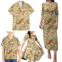 Beige Palaka Hawaiian And Japanese Family Matching Puletasi and Hawaiian Shirt Sakura Lei With Koi Fish DT05 - Polynesian Pride
