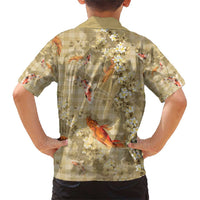 Beige Palaka Hawaiian And Japanese Family Matching Short Sleeve Bodycon Dress and Hawaiian Shirt Sakura Lei With Koi Fish DT05 - Polynesian Pride