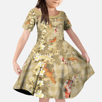 Beige Palaka Hawaiian And Japanese Family Matching Short Sleeve Bodycon Dress and Hawaiian Shirt Sakura Lei With Koi Fish DT05 Daughter's Dress Beige - Polynesian Pride