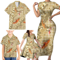 Beige Palaka Hawaiian And Japanese Family Matching Short Sleeve Bodycon Dress and Hawaiian Shirt Sakura Lei With Koi Fish DT05 - Polynesian Pride
