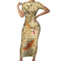 Beige Palaka Hawaiian And Japanese Family Matching Short Sleeve Bodycon Dress and Hawaiian Shirt Sakura Lei With Koi Fish - Polynesian Pride