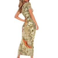 Beige Palaka Hawaiian And Japanese Family Matching Short Sleeve Bodycon Dress and Hawaiian Shirt Sakura Lei With Koi Fish - Polynesian Pride