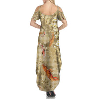 Beige Palaka Hawaiian And Japanese Family Matching Summer Maxi Dress and Hawaiian Shirt Sakura Lei With Koi Fish - Polynesian Pride
