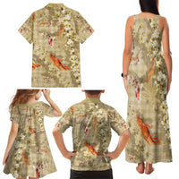 Beige Palaka Hawaiian And Japanese Family Matching Tank Maxi Dress and Hawaiian Shirt Sakura Lei With Koi Fish DT05 - Polynesian Pride