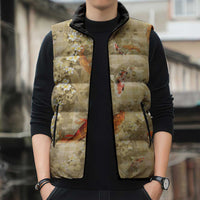 Beige Palaka Hawaiian And Japanese Sleeveless Puffer Jacket Sakura Lei With Koi Fish - Polynesian Pride