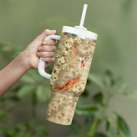 Beige Palaka Hawaiian And Japanese Tumbler With Handle Sakura Lei With Koi Fish - Polynesian Pride