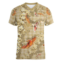 Beige Palaka Hawaiian And Japanese Women V-Neck T-Shirt Sakura Lei With Koi Fish - Polynesian Pride