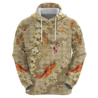 Beige Palaka Hawaiian And Japanese Zip Hoodie Sakura Lei With Koi Fish - Polynesian Pride