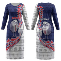 Personalised New Zealand Father's Day Couples Matching Long Sleeve Bodycon Dress and Long Sleeve Button Shirt Daddy Kiwi Bird Silver Ferns