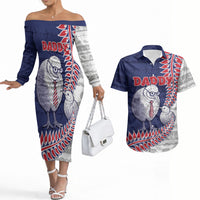 Personalised New Zealand Father's Day Couples Matching Off The Shoulder Long Sleeve Dress and Hawaiian Shirt Daddy Kiwi Bird Silver Ferns