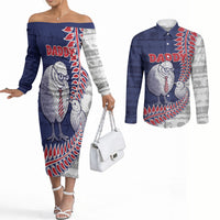 Personalised New Zealand Father's Day Couples Matching Off The Shoulder Long Sleeve Dress and Long Sleeve Button Shirt Daddy Kiwi Bird Silver Ferns