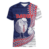 Personalised New Zealand Father's Day Women V-Neck T-Shirt Daddy Kiwi Bird Silver Ferns